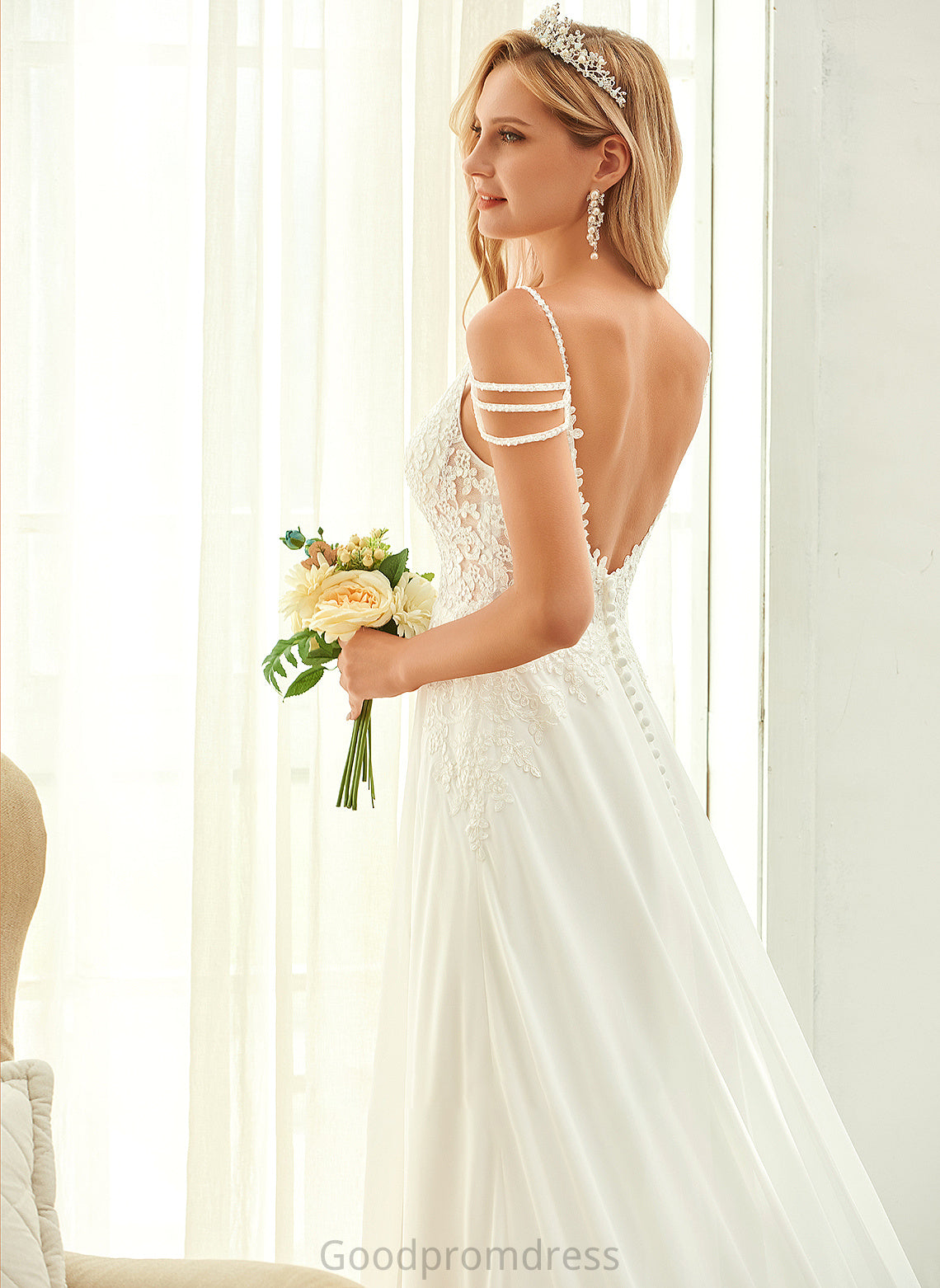 A-Line Sweep Wedding Dresses Train With Anabel Chiffon Lace Beading Wedding V-neck Dress Sequins