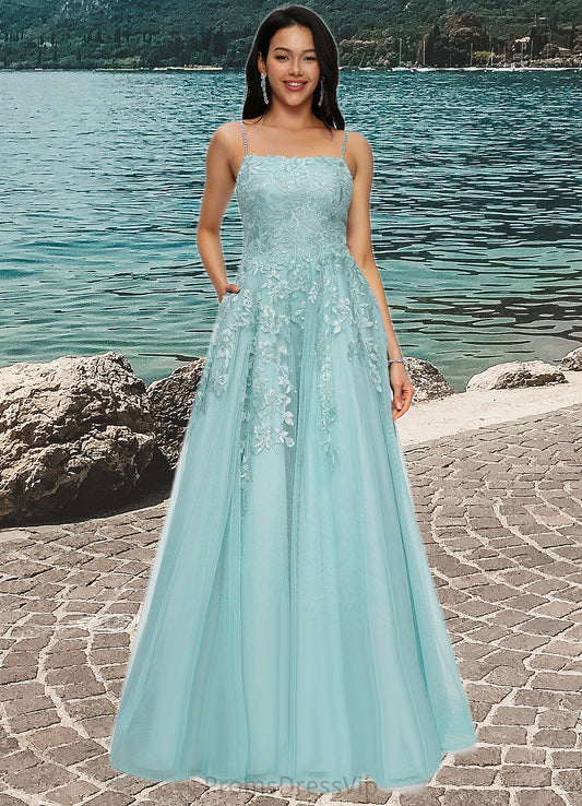 Nyasia Ball-Gown/Princess Straight Floor-Length Tulle Prom Dresses With Appliques Lace Sequins HLP0022206