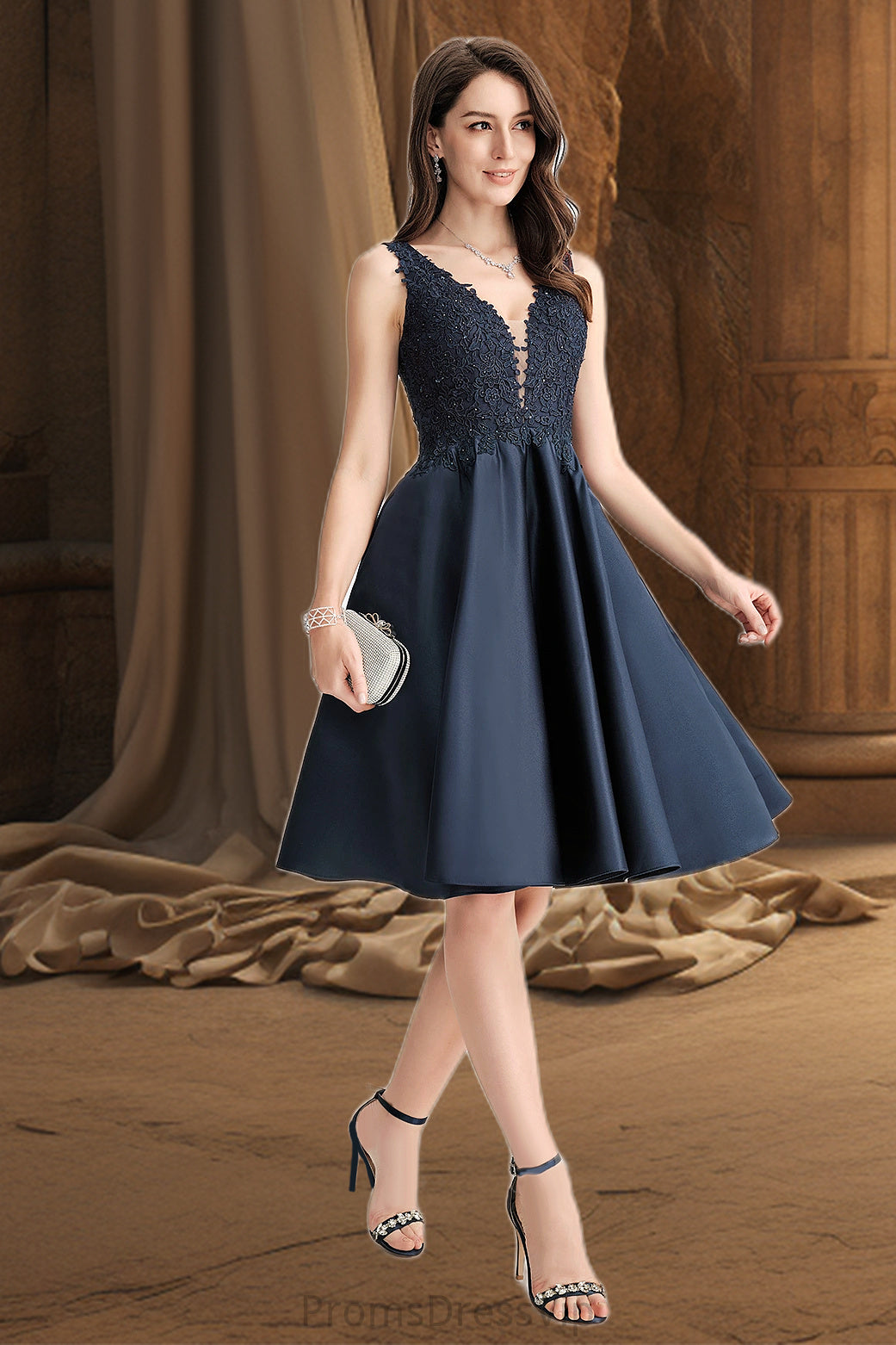 Emerson A-line V-Neck Knee-Length Lace Satin Homecoming Dress With Beading HLP0020517