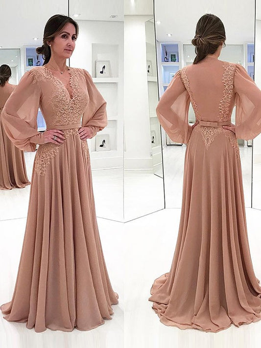 Hailee A-Line/Princess Chiffon Lace V-neck Long Sleeves Sweep/Brush Train Mother of the Bride Dresses HLP0020421