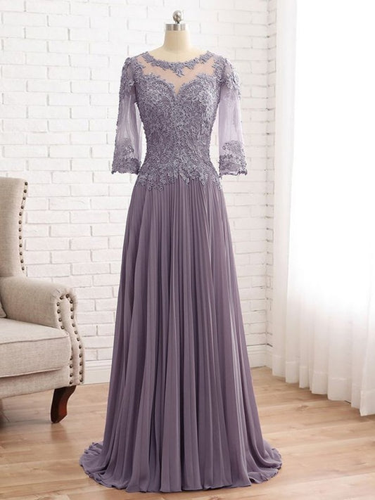 Lucia A-Line/Princess Chiffon Lace Scoop 3/4 Sleeves Sweep/Brush Train Mother of the Bride Dresses HLP0020455