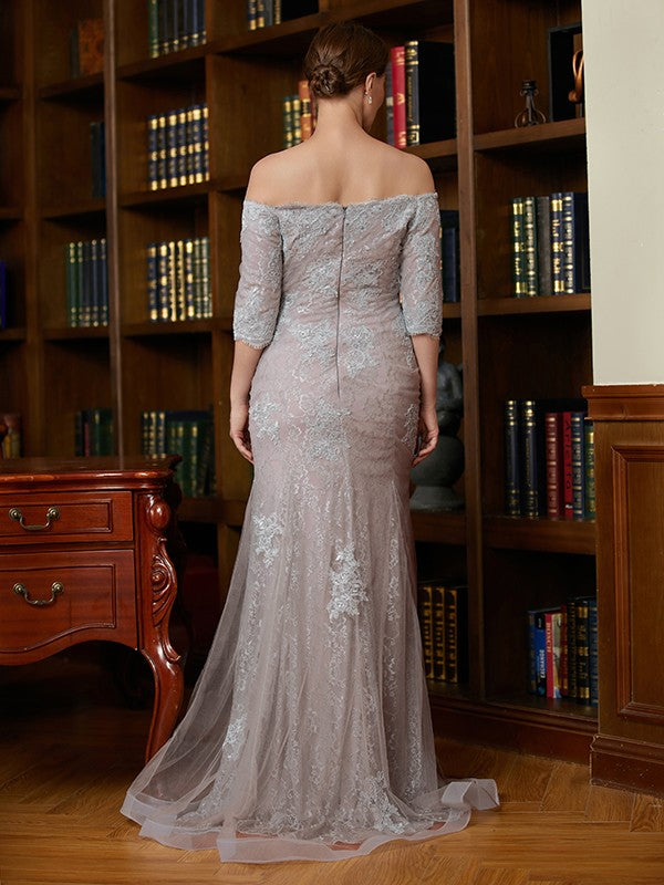 Logan Sheath/Column Lace Applique Off-the-Shoulder 3/4 Sleeves Sweep/Brush Train Mother of the Bride Dresses HLP0020331