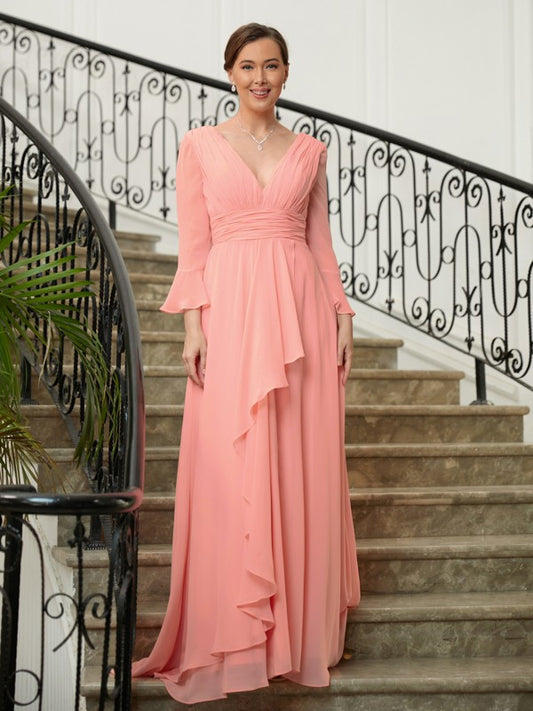 Miriam A-Line/Princess Chiffon Ruched V-neck Long Sleeves Sweep/Brush Train Mother of the Bride Dresses HLP0020305