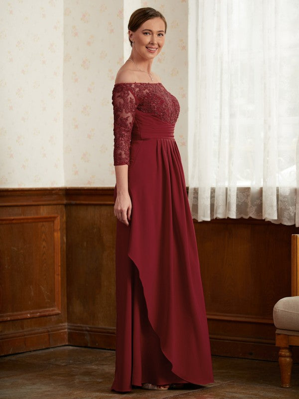 Scarlett A-Line/Princess Stretch Crepe Lace Off-the-Shoulder 3/4 Sleeves Floor-Length Mother of the Bride Dresses HLP0020350