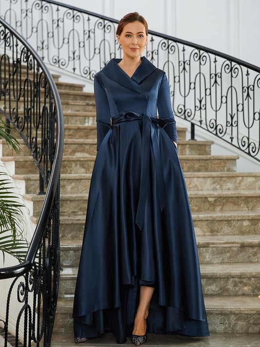 Jolie A-Line/Princess Satin Ruched V-neck Long Sleeves Asymmetrical Mother of the Bride Dresses HLP0020274