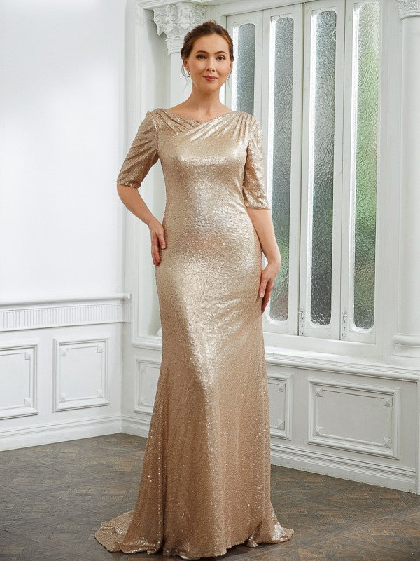Hazel Sheath/Column Sequins Ruched 1/2 Sleeves Sweep/Brush Train Mother of the Bride Dresses HLP0020248