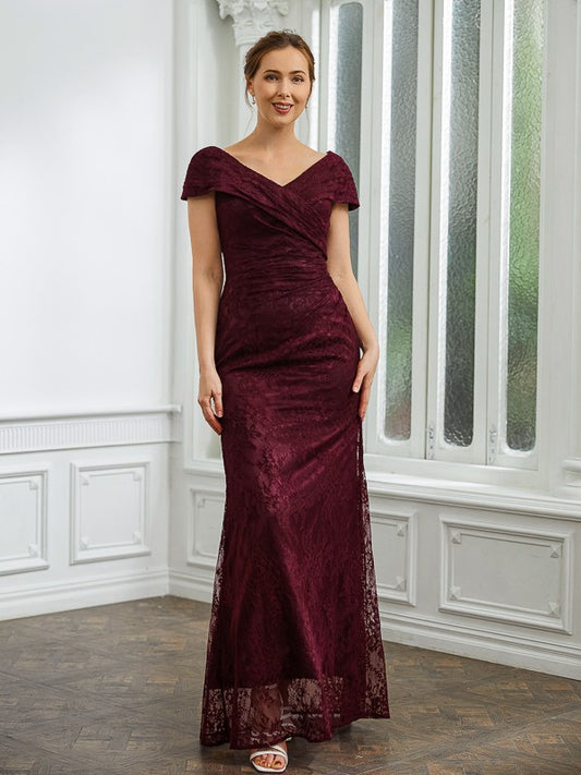 Jade Sheath/Column Lace Ruched V-neck Short Sleeves Floor-Length Mother of the Bride Dresses HLP0020246