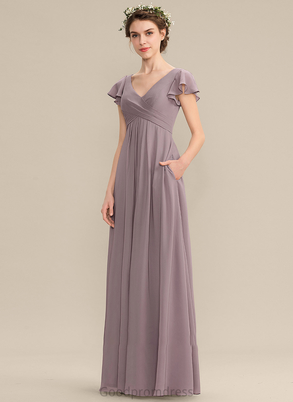 Pockets CascadingRuffles Embellishment Length Silhouette Fabric V-neck Neckline A-Line Floor-Length Camilla Sleeveless Bridesmaid Dresses
