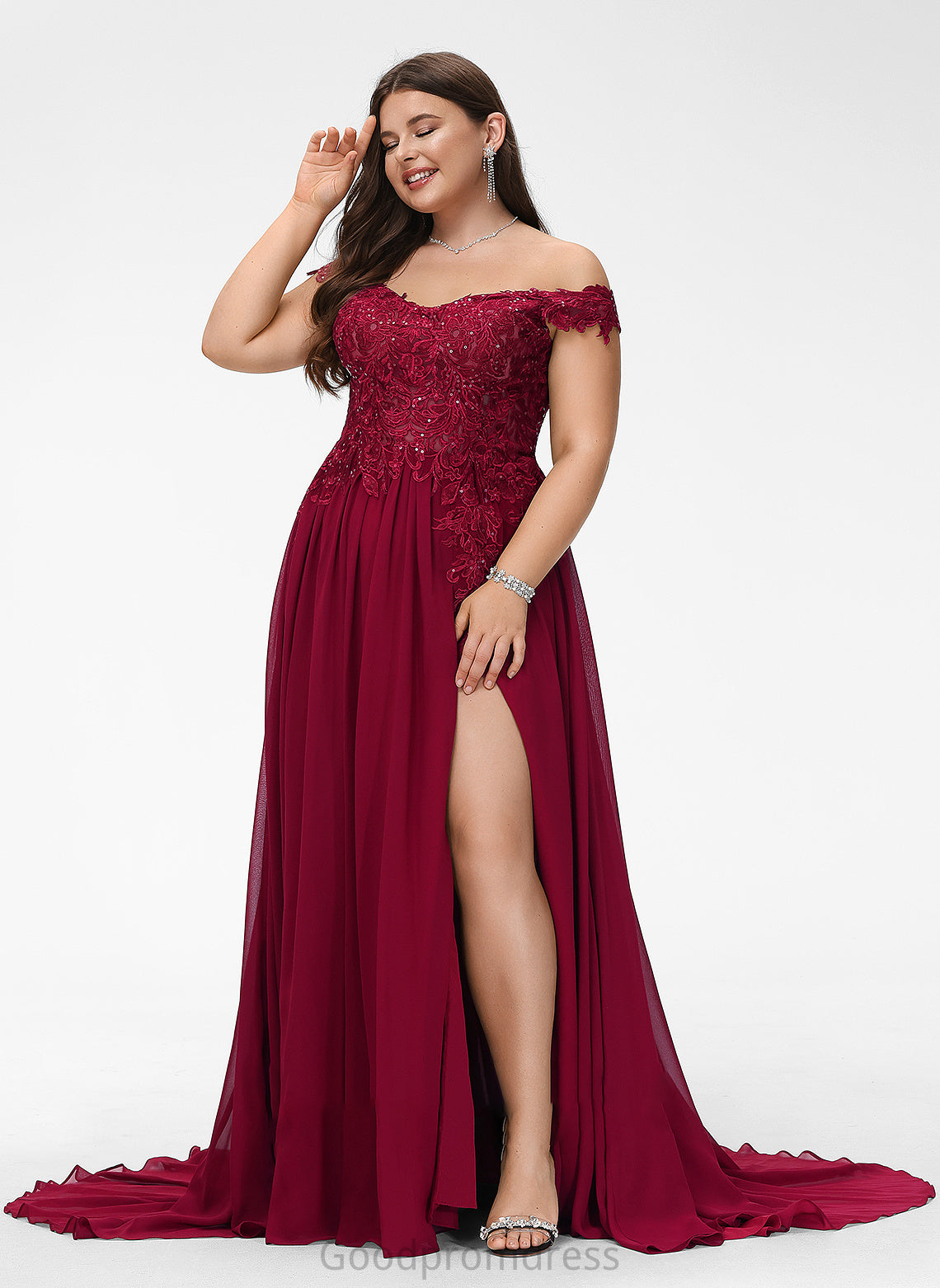 Nicky Sequins A-Line Prom Dresses Train Off-the-Shoulder With Chiffon Lace Sweep
