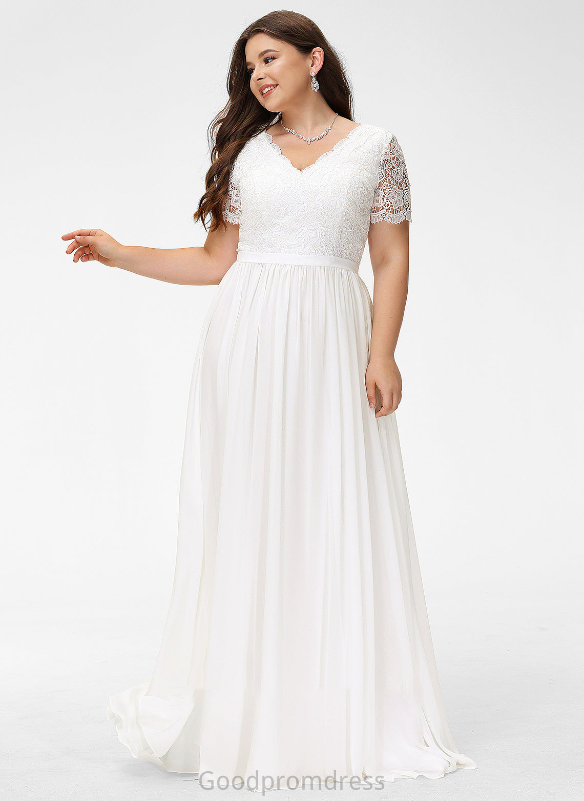 V-neck Wedding Dresses Floor-Length Lace Edith Dress A-Line Chiffon Wedding