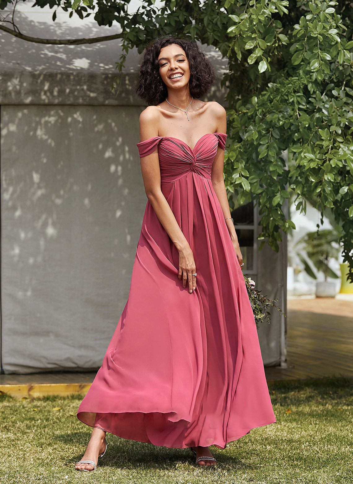 Length Neckline Off-the-Shoulder Ruffle Floor-Length Silhouette Embellishment A-Line Fabric Elliana V-Neck A-Line/Princess Bridesmaid Dresses