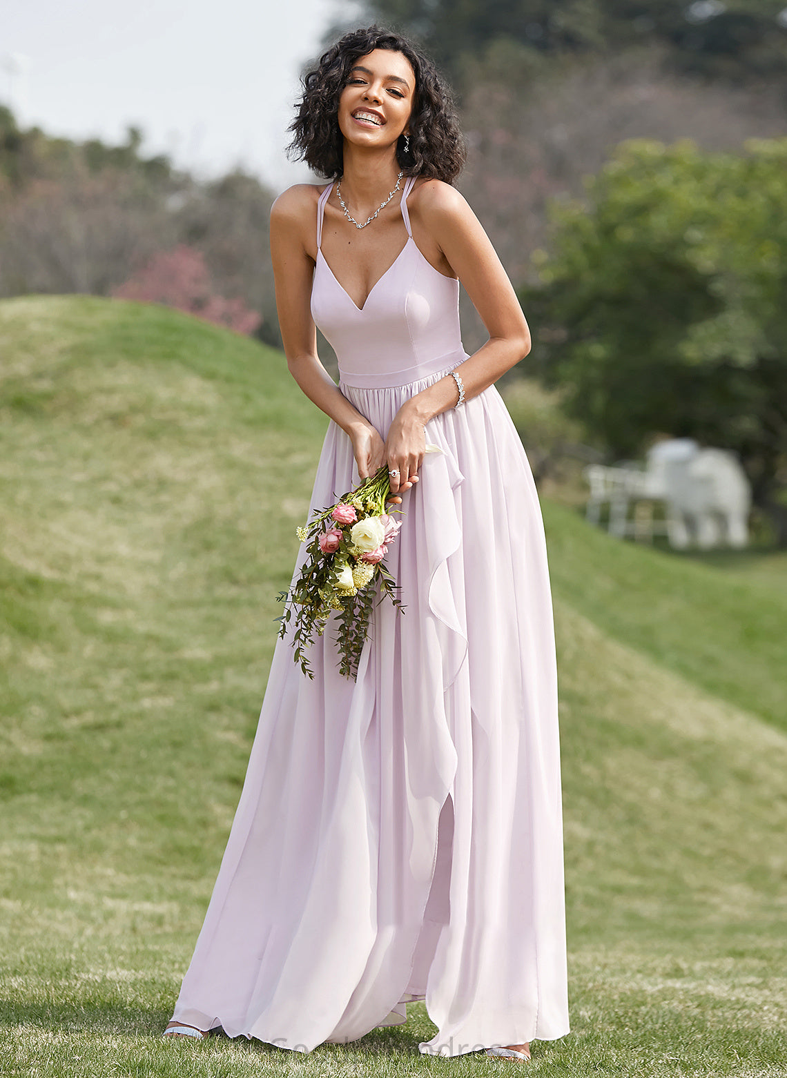 Neckline A-Line Ruffle V-neck SplitFront Embellishment Fabric Silhouette Asymmetrical Length Kylie V-Neck Bridesmaid Dresses