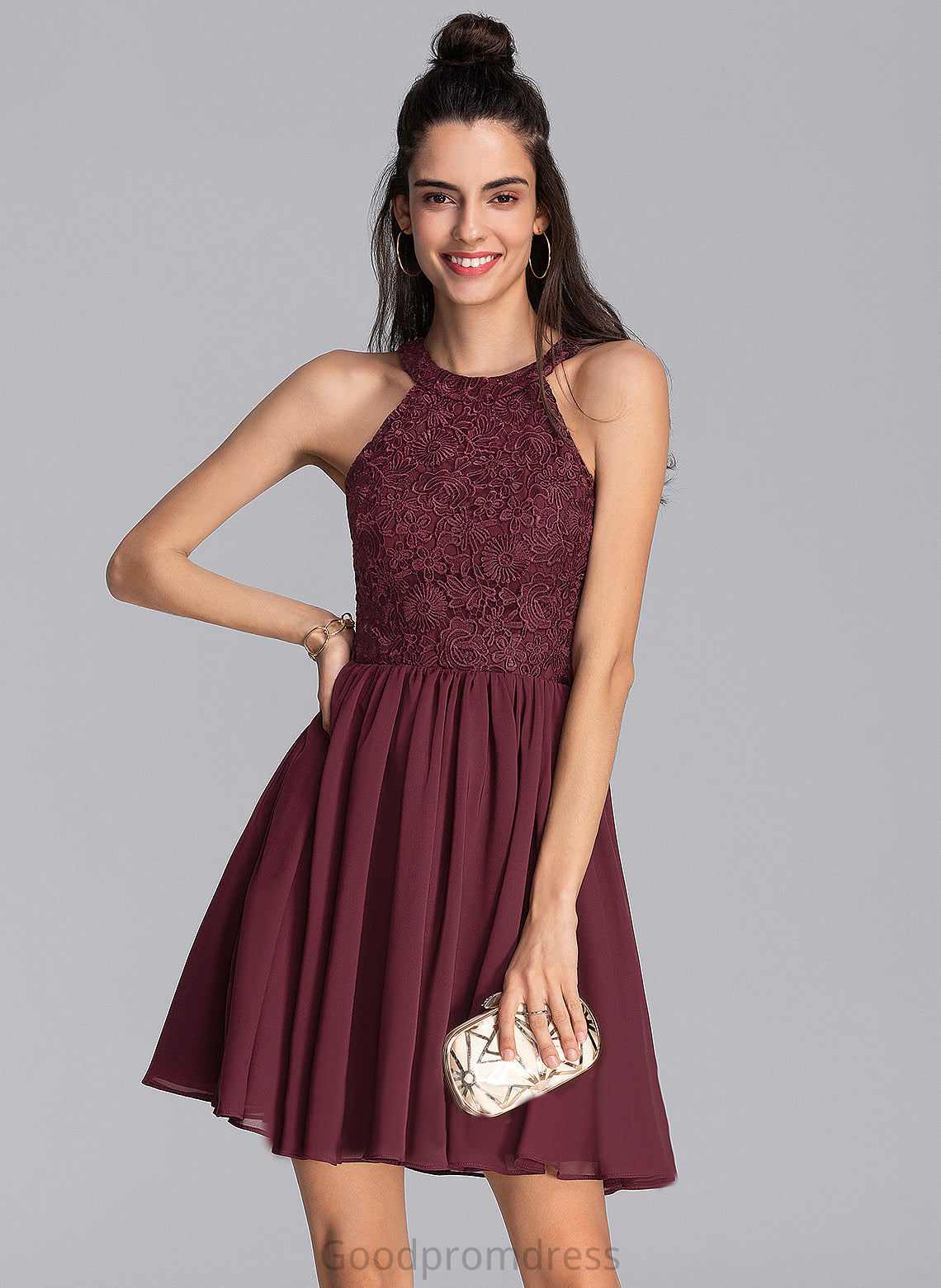 Short/Mini Scoop Gia Homecoming Dress With Homecoming Dresses A-Line Chiffon Lace Neck