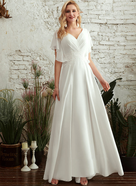 A-Line V-neck Wedding Dresses Dress With Floor-Length Gill Front Lace Split Wedding
