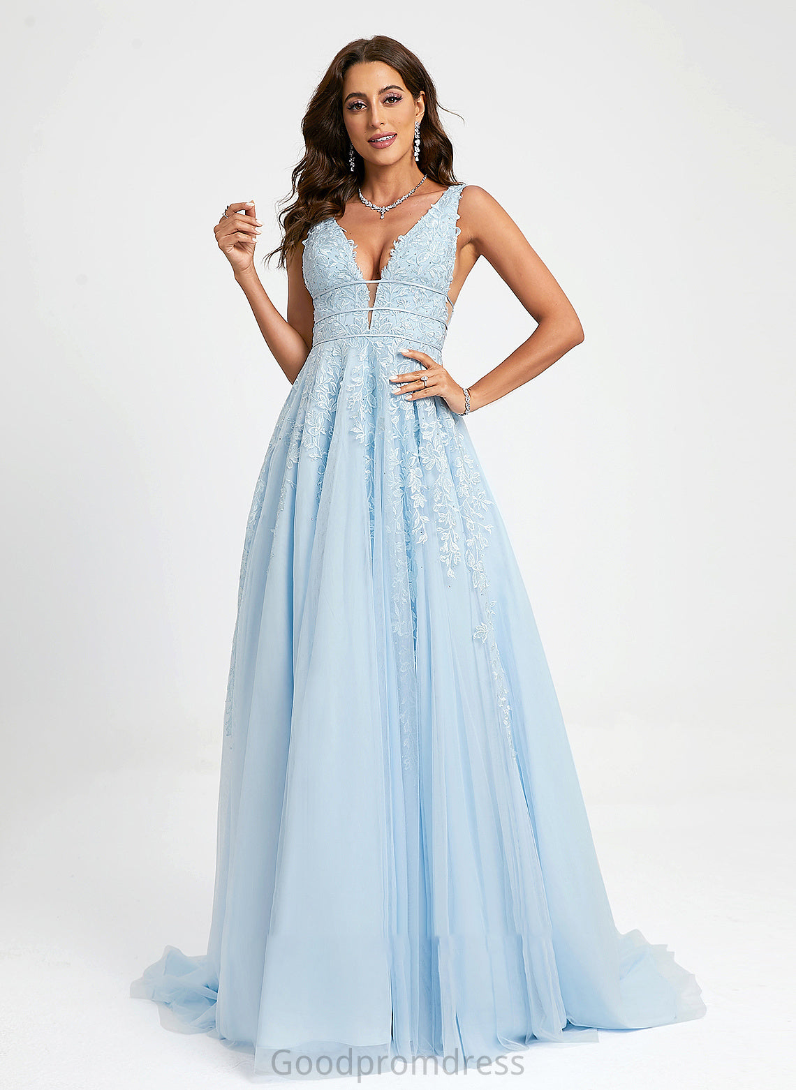 With Alannah Lace Tulle Sweep Beading Train Prom Dresses V-neck Ball-Gown/Princess