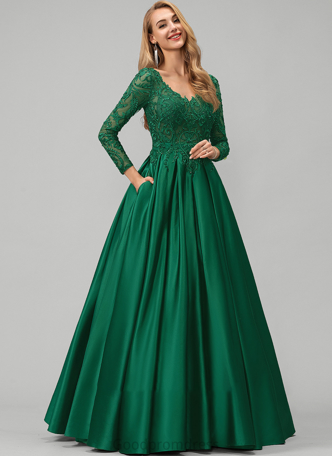 Floor-Length Sequins Prom Dresses Frances Pockets Beading V-neck Lace Satin With Ball-Gown/Princess