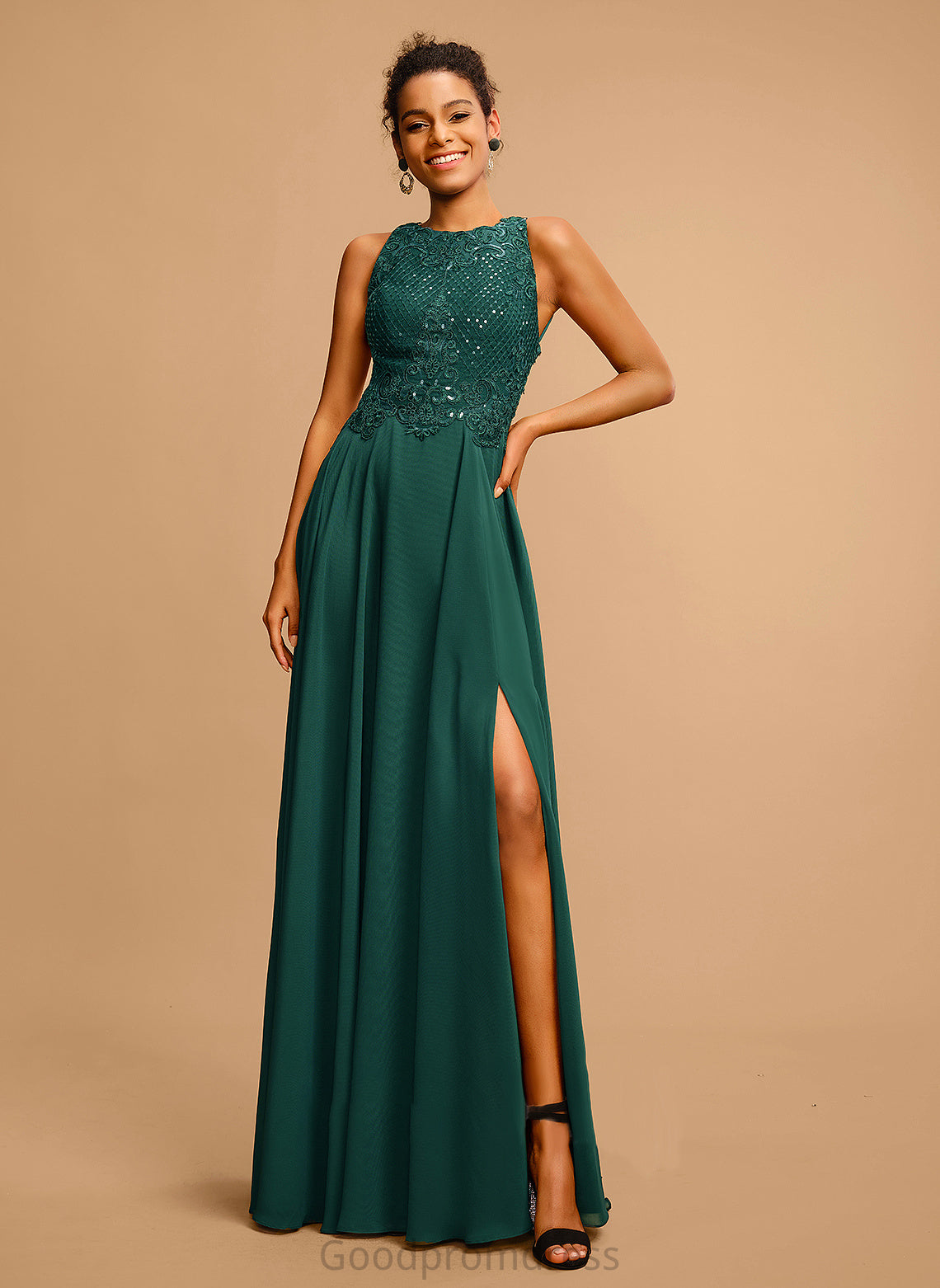 Scoop Prom Dresses Chiffon A-Line Front Lace Sequins Floor-Length With Split Nylah Neck