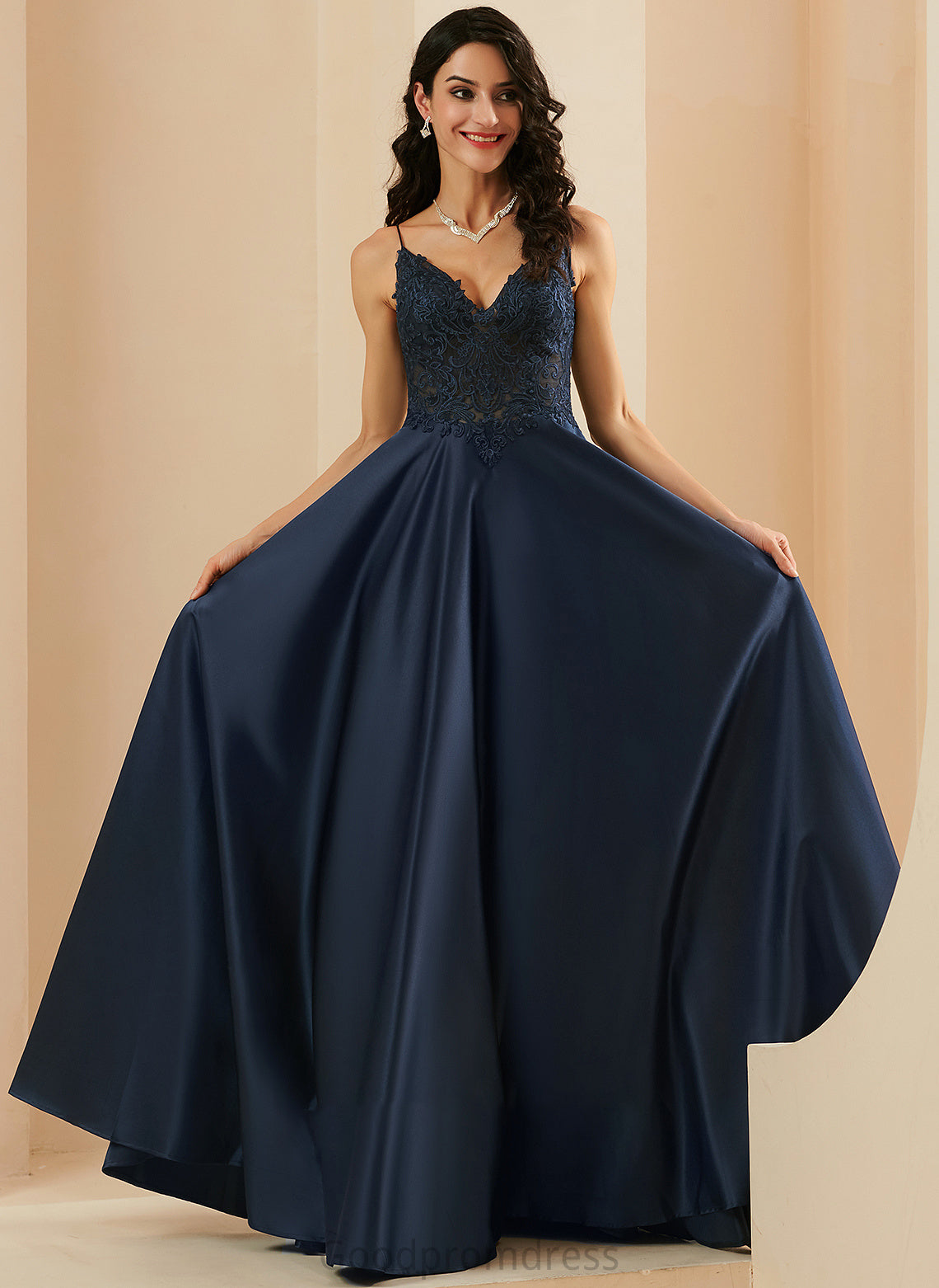 Floor-Length London V-neck Lace With A-Line Satin Prom Dresses