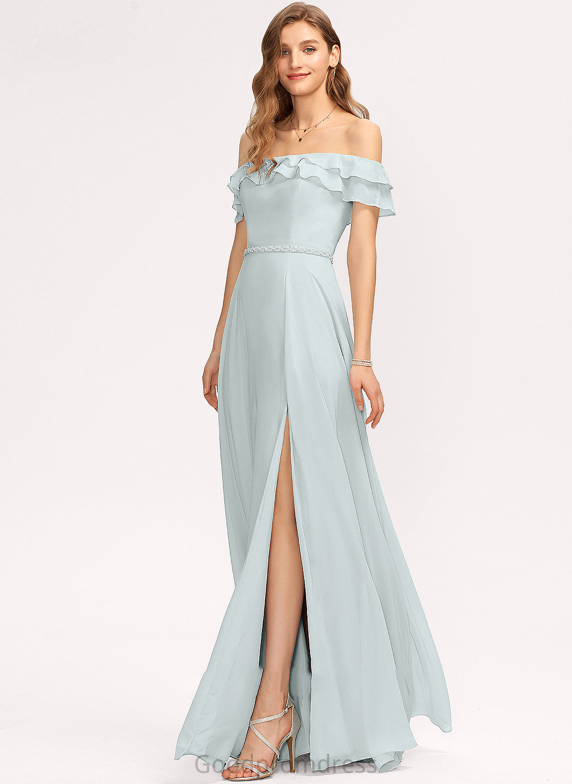 Off-the-Shoulder CascadingRuffles Length A-Line Floor-Length Fabric Beading Embellishment SplitFront Silhouette Neckline Lizbeth Bridesmaid Dresses