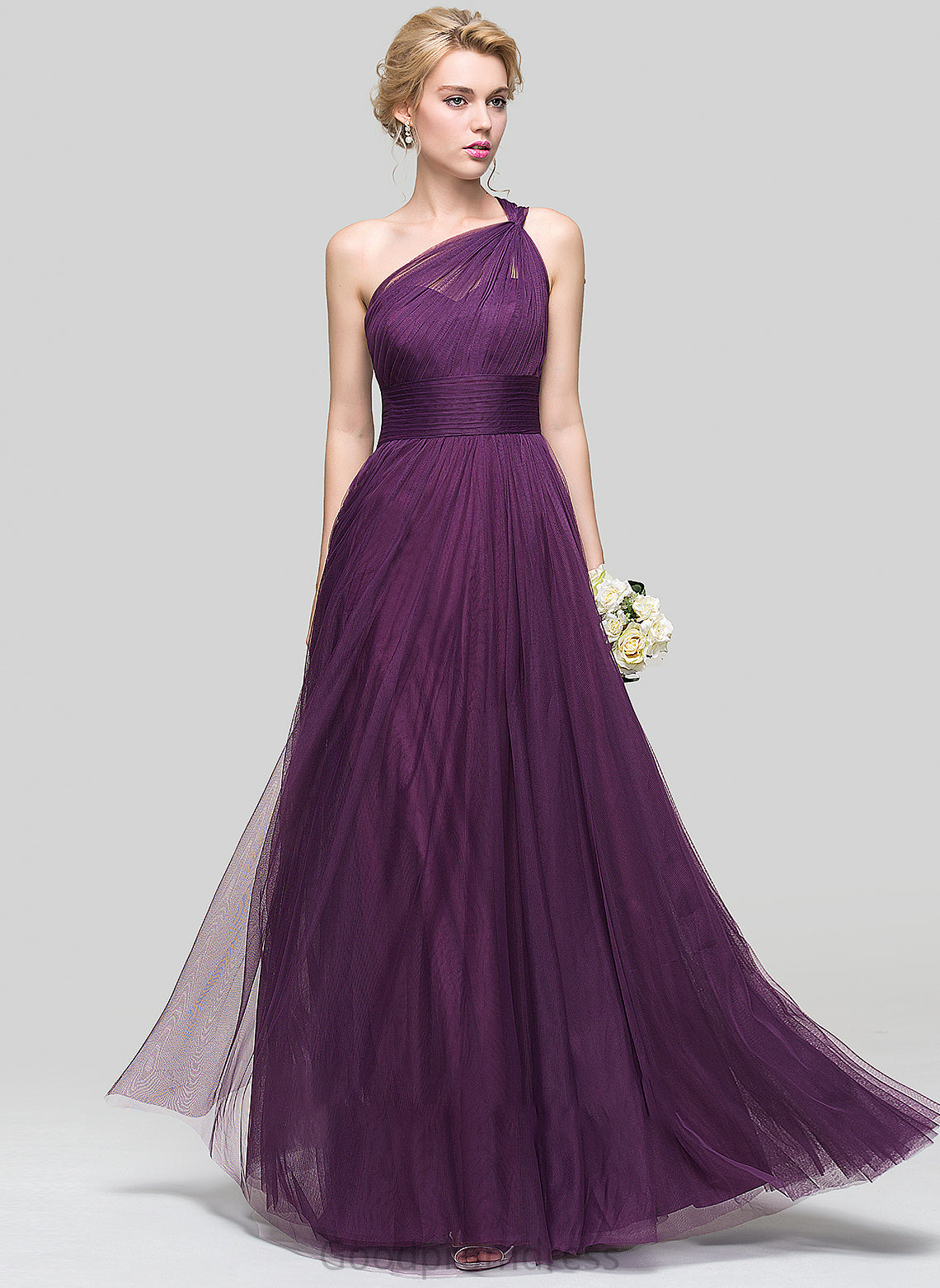 Anika Floor-Length A-Line With Tulle Prom Dresses Ruffle One-Shoulder