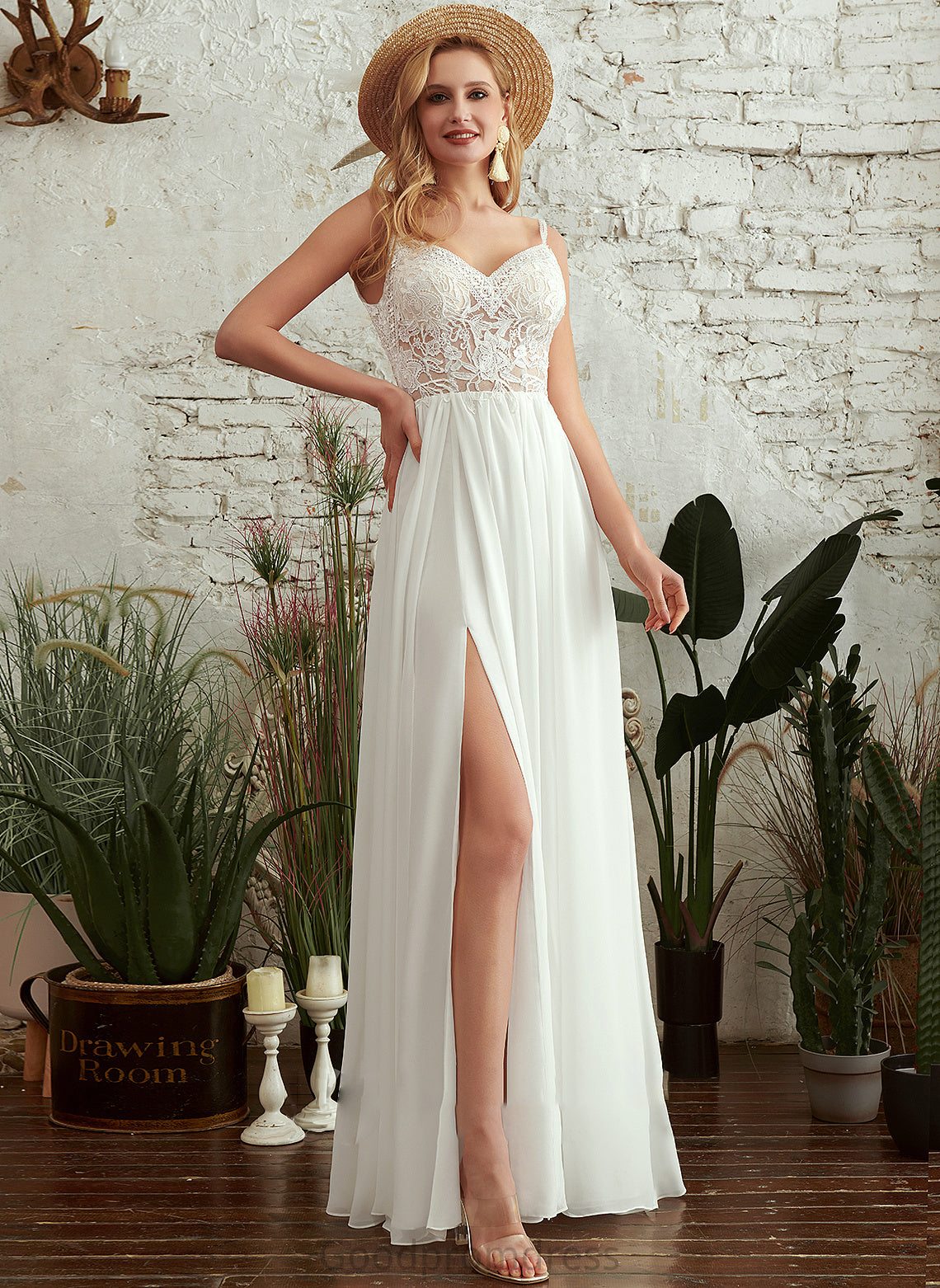Dress Front Split With Beading Wedding V-neck Kennedy Wedding Dresses Floor-Length A-Line