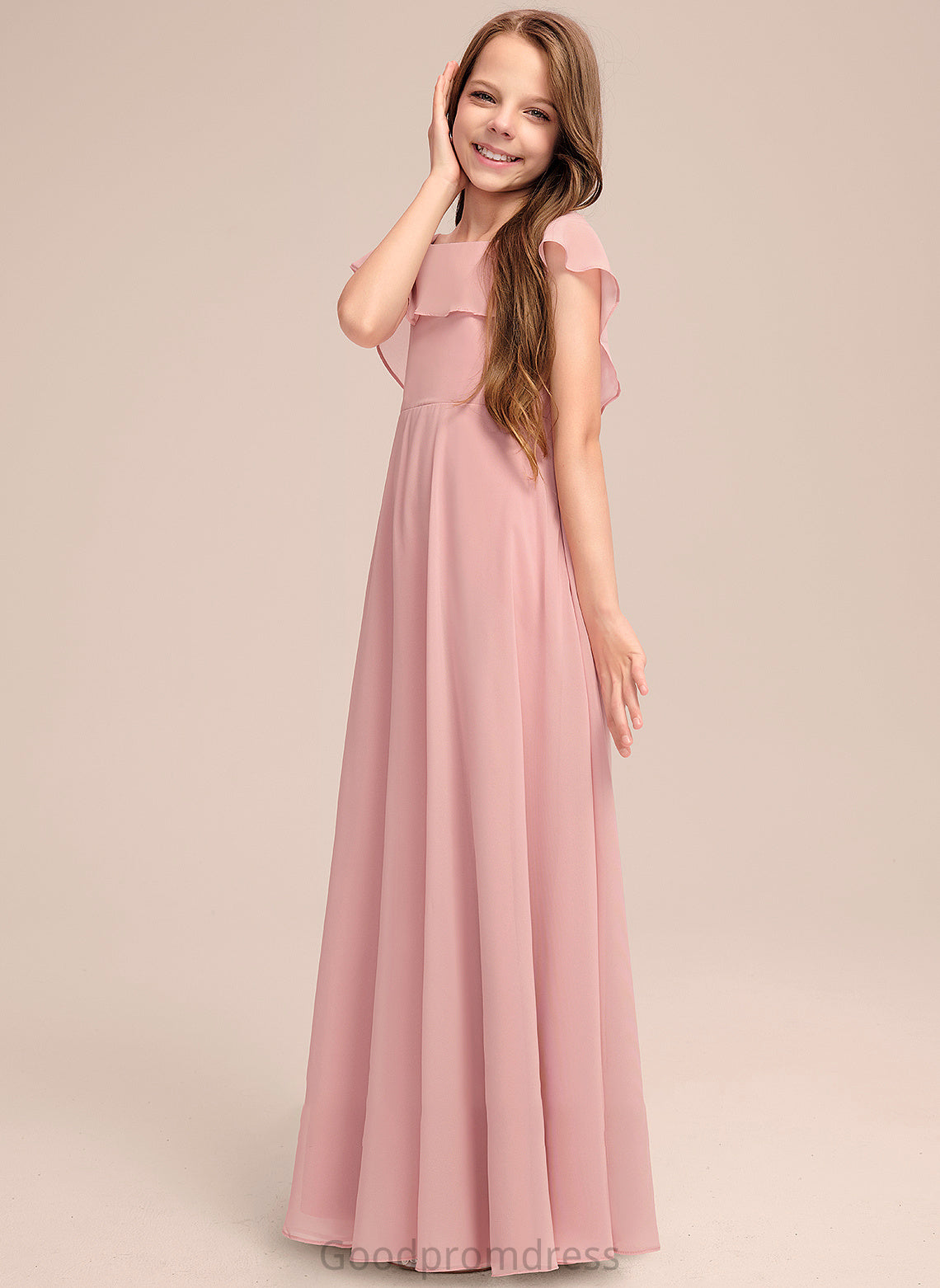 Floor-Length Scoop Mabel With Neck Cascading Junior Bridesmaid Dresses A-Line Ruffles Chiffon
