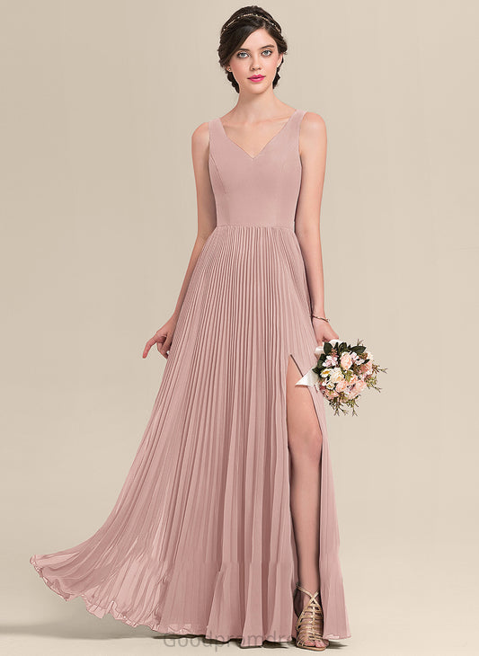 A-Line Silhouette V-neck Fabric Length Pleated Embellishment Floor-Length Neckline SplitFront Allisson A-Line/Princess Bridesmaid Dresses