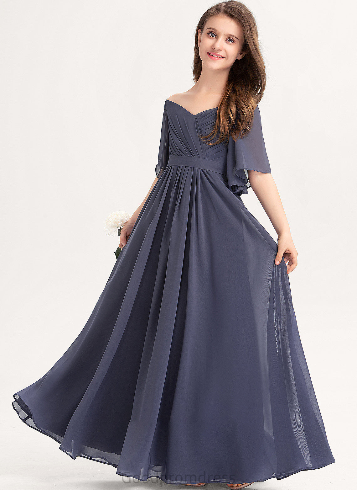 Bow(s) With A-Line Junior Bridesmaid Dresses Off-the-Shoulder Chiffon Floor-Length Magdalena Ruffle