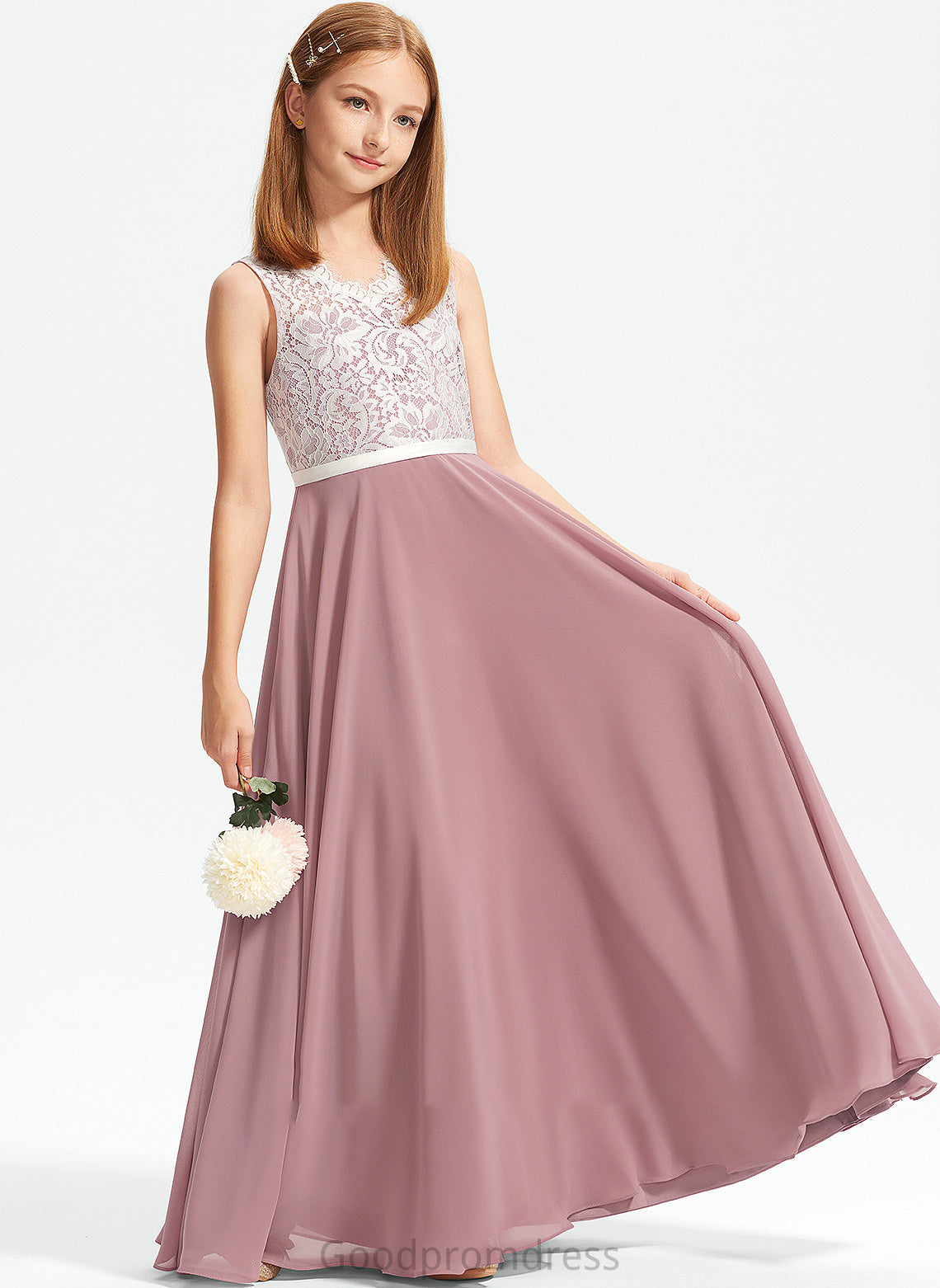 Lace Chiffon Bria V-neck Floor-Length A-Line Junior Bridesmaid Dresses
