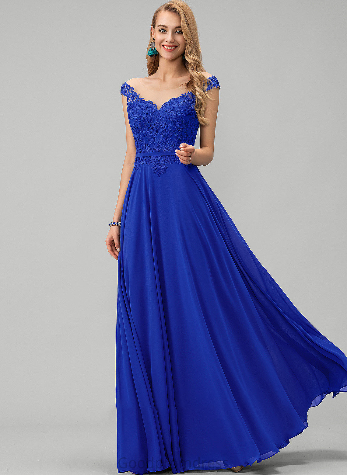 Floor-Length Lace Sequins Neck Prom Dresses Scoop With A-Line Nellie Chiffon