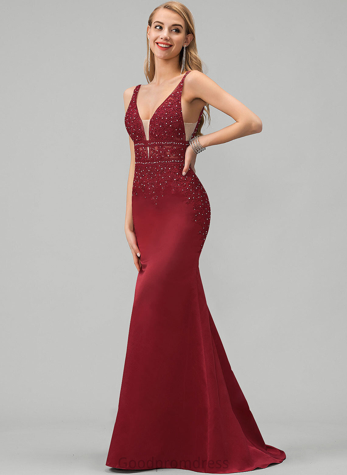 Prom Dresses Elianna Satin Beading V-neck Sweep Train Trumpet/Mermaid Lace Sequins With