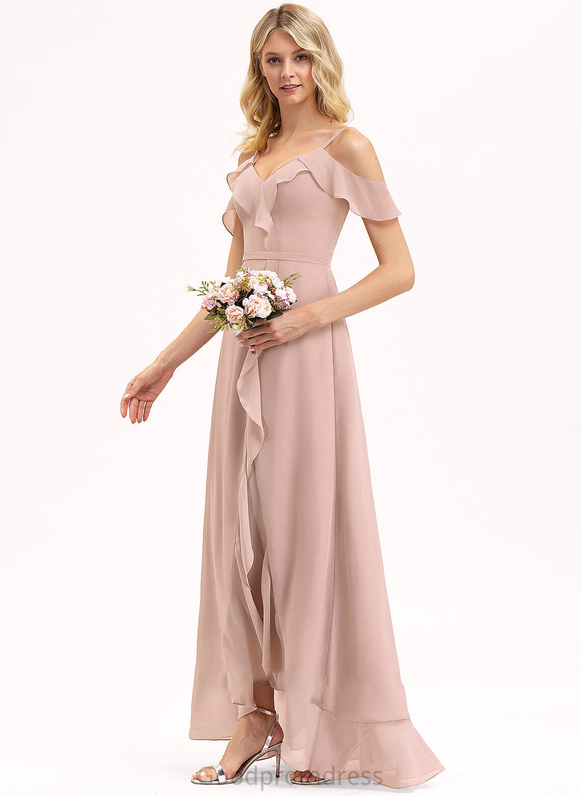 Neckline Silhouette Fabric A-Line V-neck Asymmetrical Length CascadingRuffles Embellishment Millicent Natural Waist V-Neck Bridesmaid Dresses