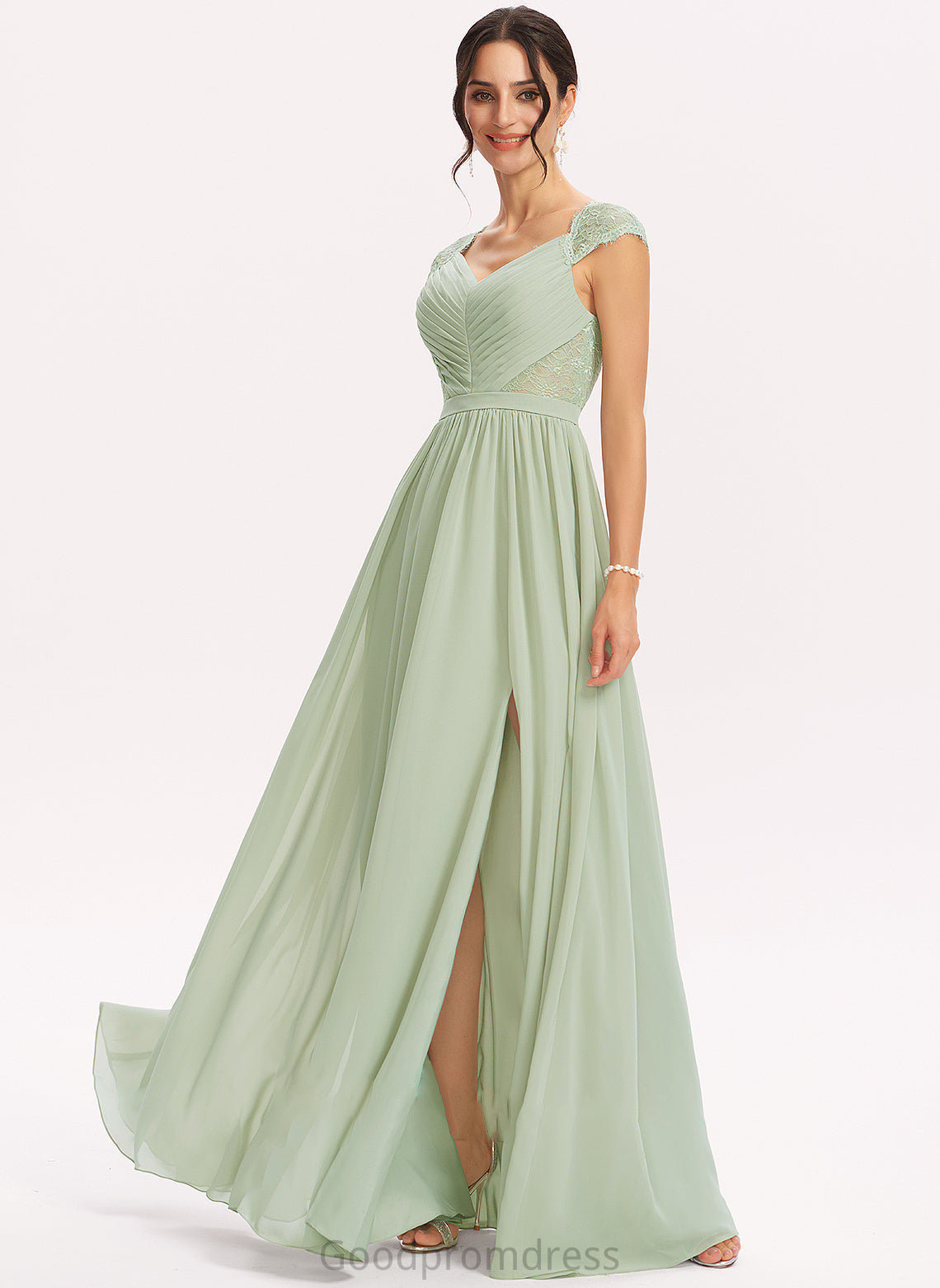 Neckline Lace Embellishment V-neck Fabric A-Line Length Floor-Length SplitFront Silhouette Keira Floor Length Bridesmaid Dresses
