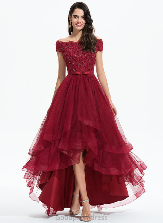 Ball-Gown/Princess Tulle Prom Dresses Beading Bow(s) Off-the-Shoulder Sequins Kimberly With Asymmetrical