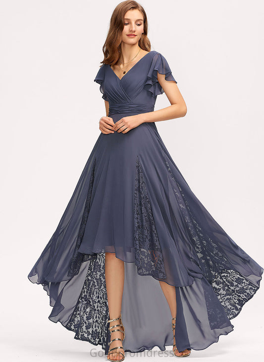 V-neck With Cocktail Asymmetrical Chiffon A-Line Dress Lace Leslie Cocktail Dresses Ruffle