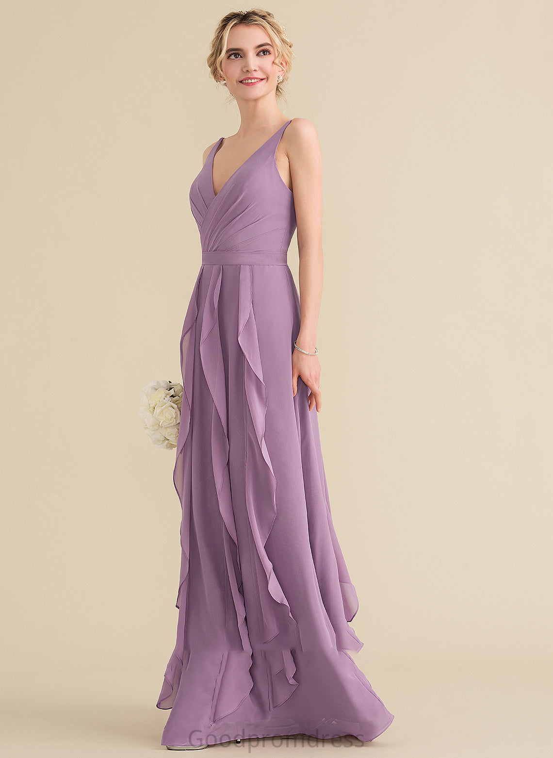 V-neck Silhouette Neckline Length CascadingRuffles Embellishment A-Line Floor-Length Fabric Anabella Sleeveless A-Line/Princess Bridesmaid Dresses