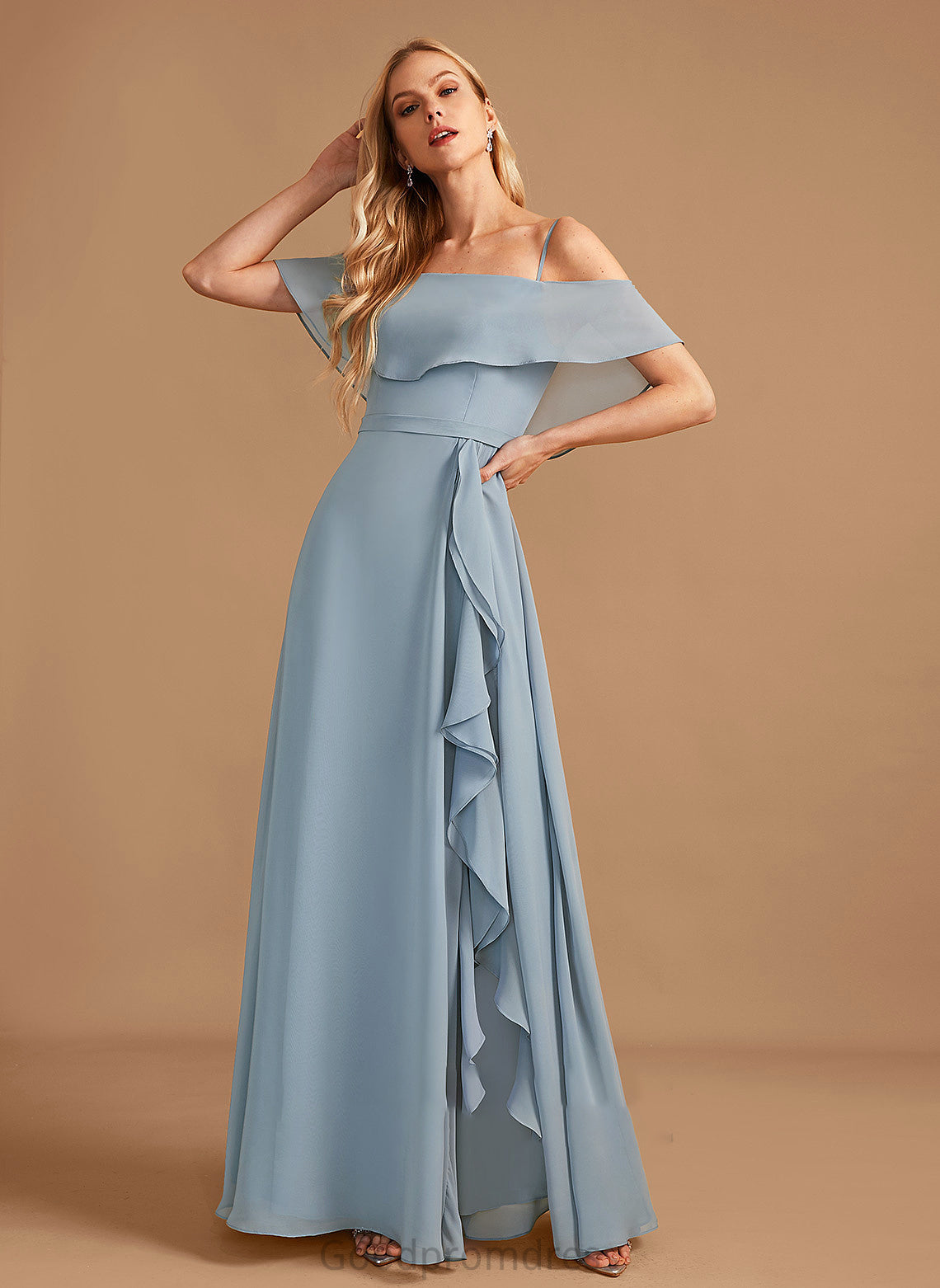 Floor-Length A-Line SplitFront Length Embellishment Ruffle Neckline Off-the-Shoulder Silhouette Fabric Laylah A-Line/Princess Bridesmaid Dresses