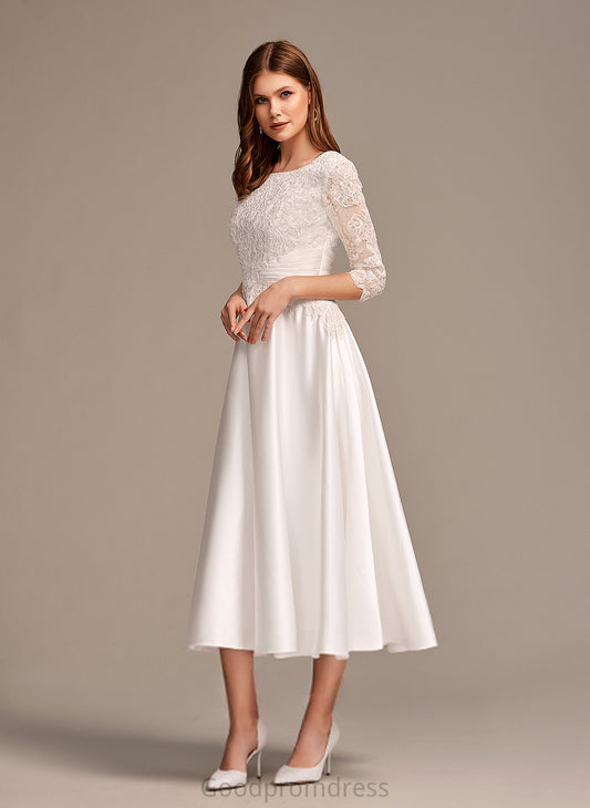 Wedding Jazmyn Tea-Length Scoop Wedding Dresses Lace Dress Satin A-Line