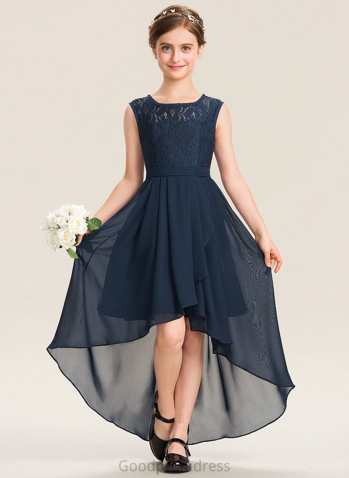 Lace Scoop Neck With Ruffles Cascading Asymmetrical Junior Bridesmaid Dresses Chiffon A-Line Bow(s) Amirah