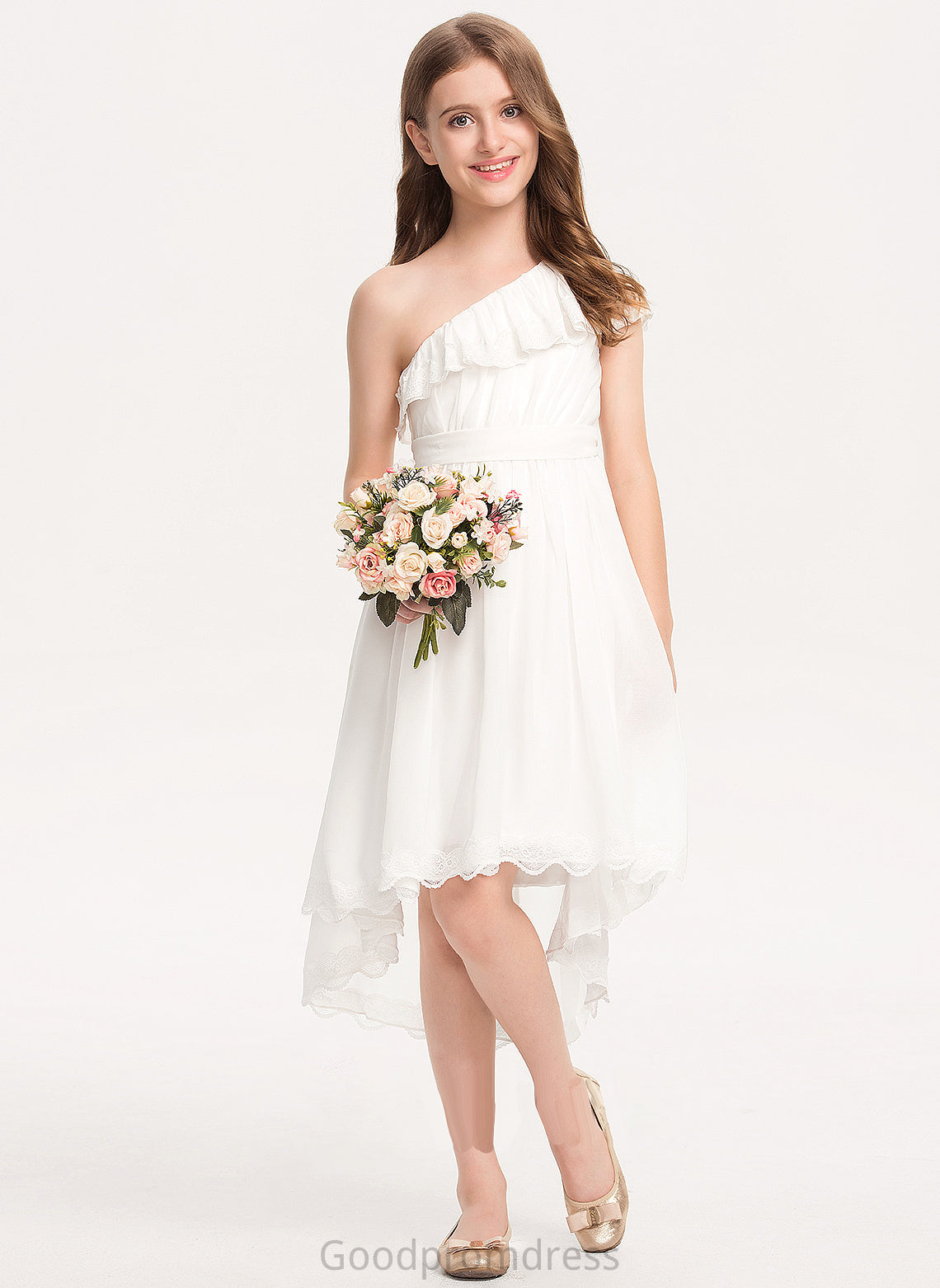 Lace Chiffon Junior Bridesmaid Dresses With One-Shoulder A-Line Asymmetrical Bow(s) Kyla