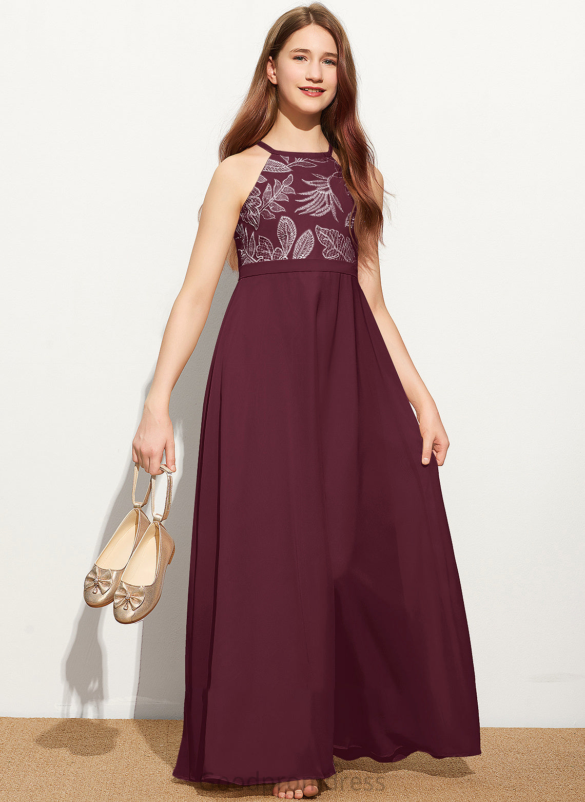 With Chiffon Lace Junior Bridesmaid Dresses A-Line Bow(s) Maeve Floor-Length Neck Scoop