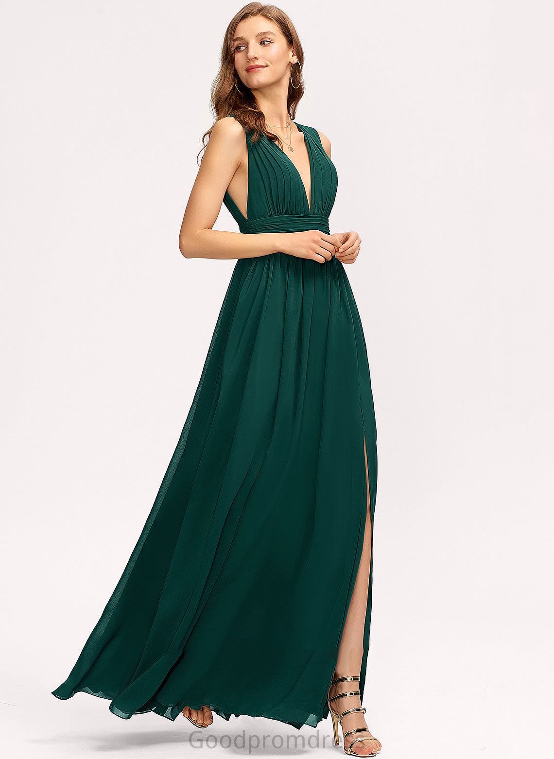 With A-Line Split Front Floor-Length V-neck Chiffon Josie Prom Dresses