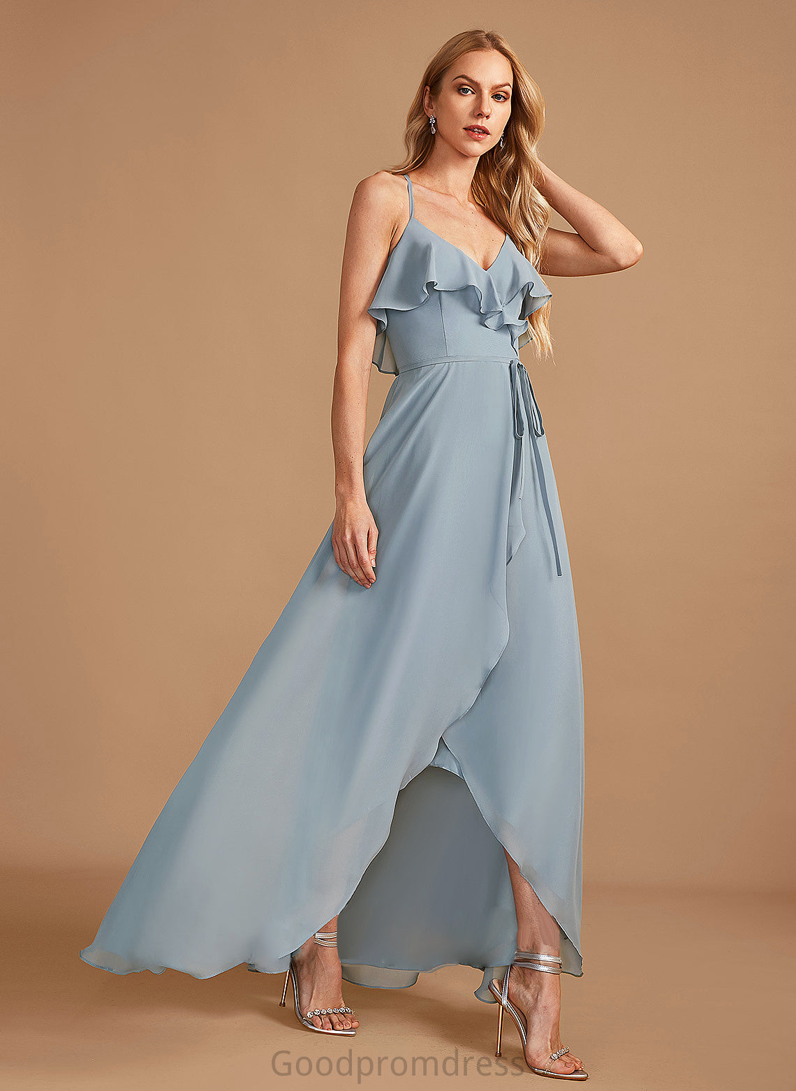 Fabric Asymmetrical Embellishment V-neck Ruffle A-Line Silhouette Length Neckline Sanaa Sleeveless A-Line/Princess Bridesmaid Dresses