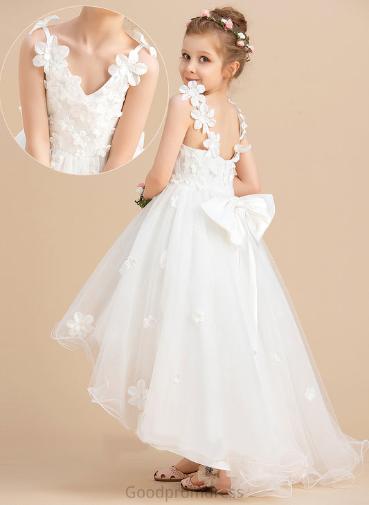 V-neck Flower Girl Dresses Sleeveless Dress Asymmetrical Girl - Beading/Flower(s)/Bow(s) Flower Ball-Gown/Princess Jaylin Tulle With