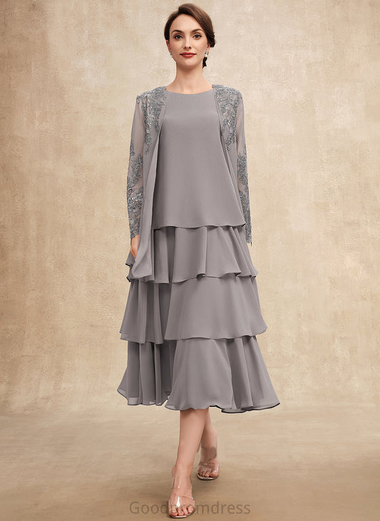 Bride Dress With the Karley Cascading Mother of the Bride Dresses Mother Tea-Length Ruffles A-Line Scoop Neck Chiffon of