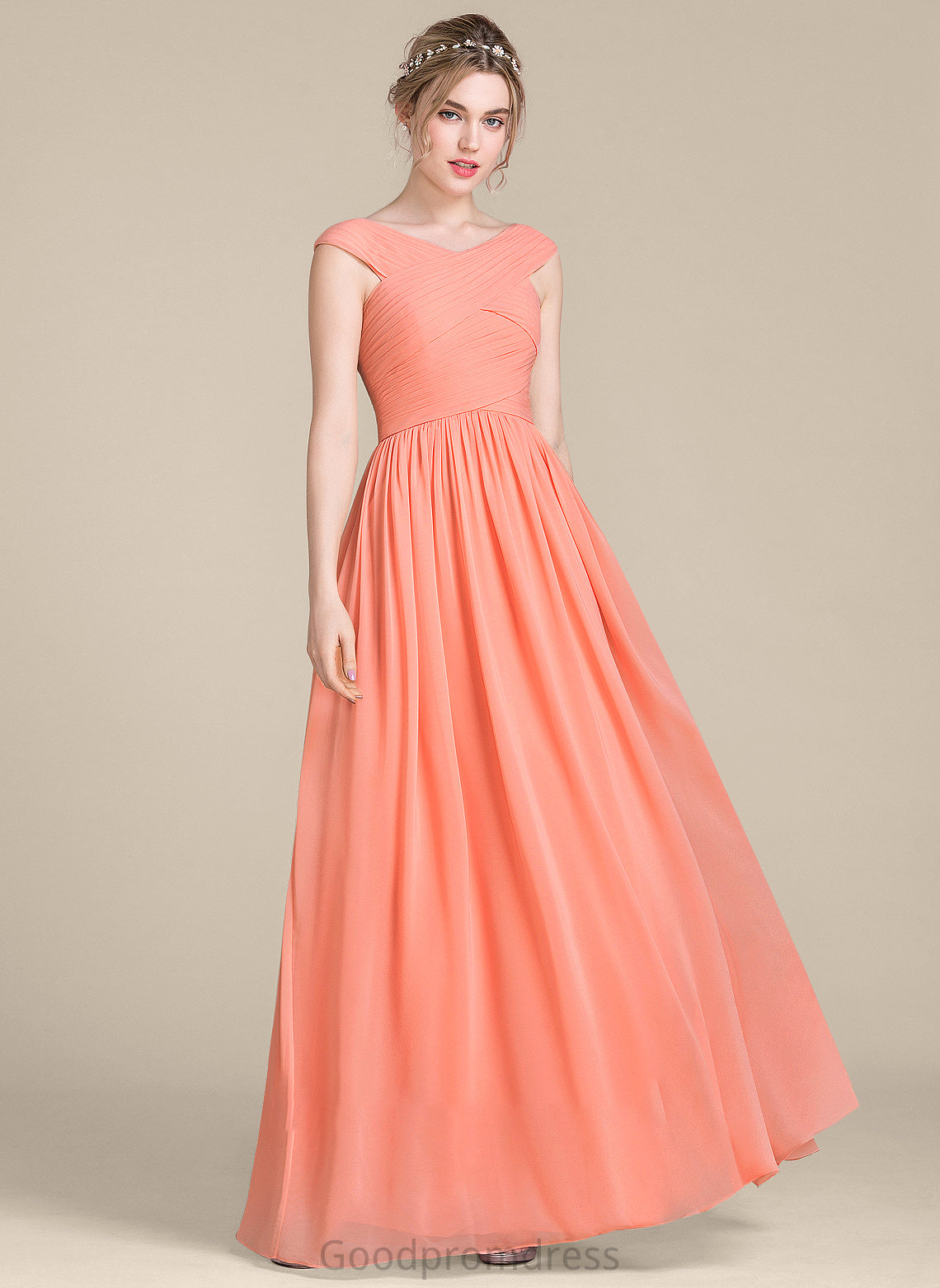 Neckline Straps Fabric V-neck Embellishment Ruffle Length Floor-Length Coral Sleeveless Natural Waist A-Line/Princess Bridesmaid Dresses