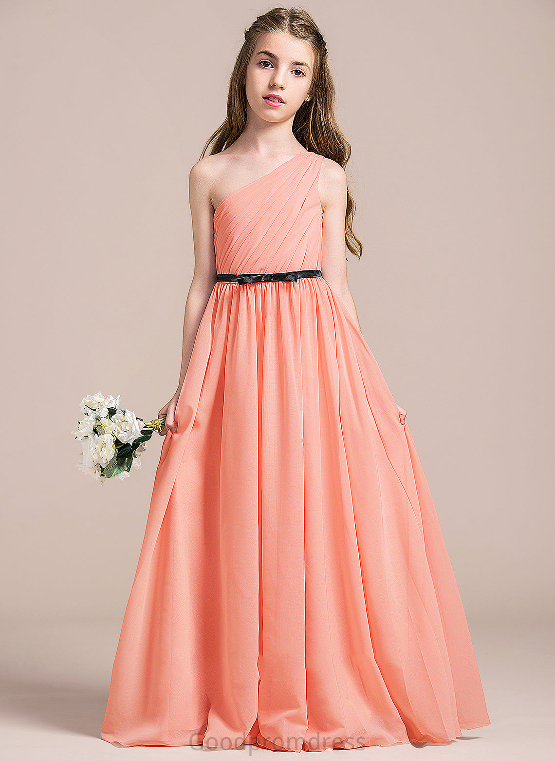 Ruffle Bow(s) Junior Bridesmaid Dresses Floor-Length A-Line Damaris Chiffon One-Shoulder With
