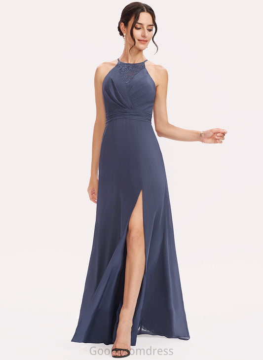 A-Line Neckline Silhouette SplitFront Halter Length Embellishment Fabric Lace Floor-Length Dakota A-Line/Princess Bridesmaid Dresses