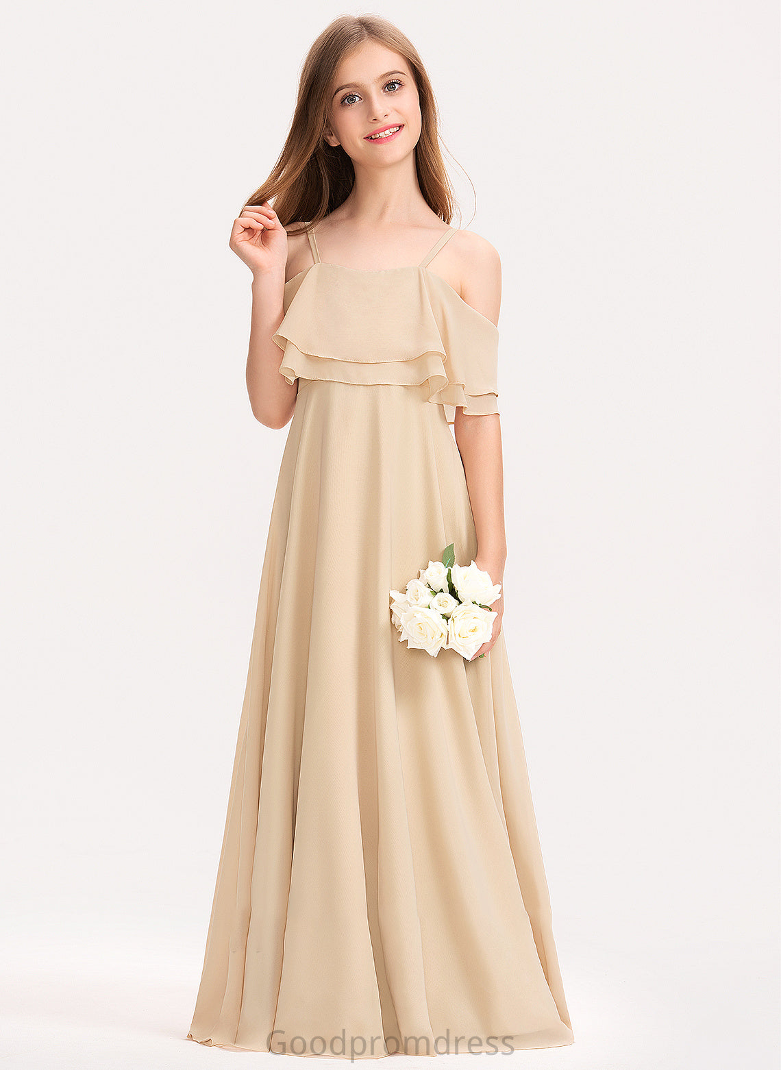 Ruffles A-Line Cascading Floor-Length Off-the-Shoulder Junior Bridesmaid Dresses Tiffany With Chiffon