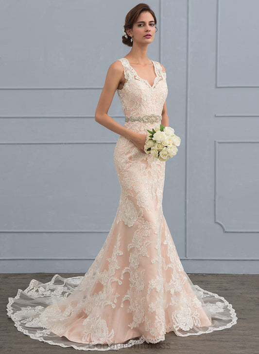 Lace Beading Dress Gill With Wedding Chapel Wedding Dresses V-neck Train Trumpet/Mermaid Tulle